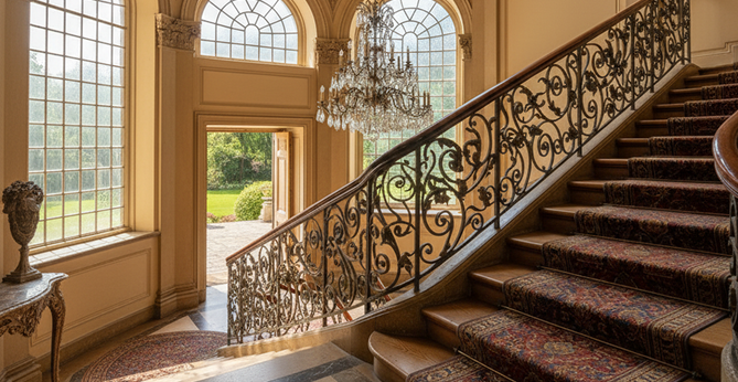Grand foyer staircase with a hand-forged wrought iron railing
