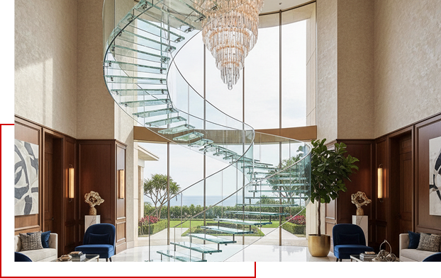 Glass spiral staircase rising through a double-height living space