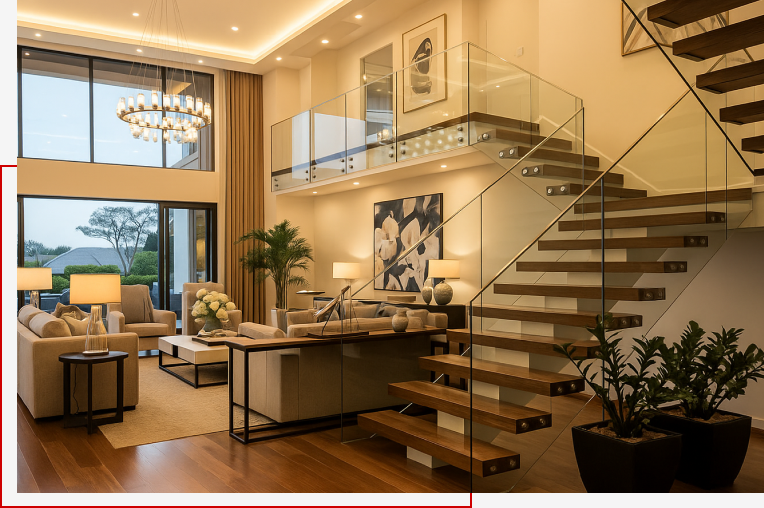 Open-plan living room with a floating timber and glass staircase