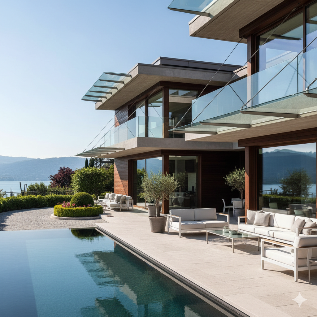 Lakeside home with frameless glass balcony railings