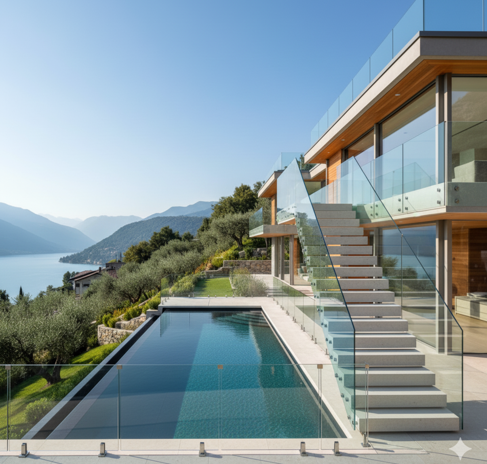 Glass railing overlooking a mountain view balcony