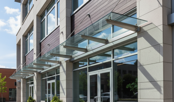 Glass and stainless steel entrance canopy on a commercial building