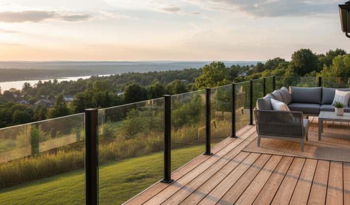 Glass deck guard overlooking a valley at sunset