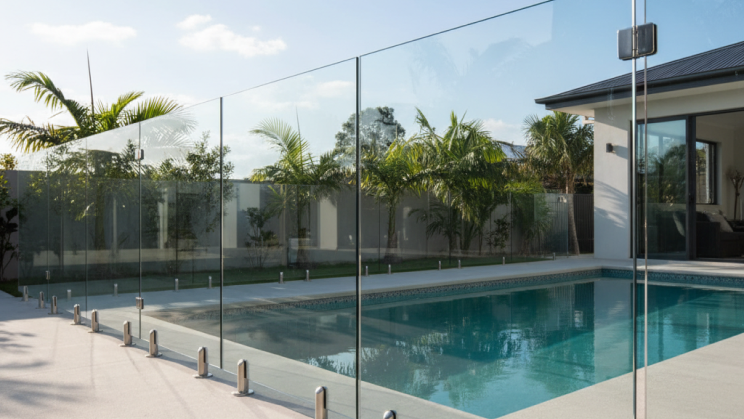 Frameless glass pool fencing beside a modern home