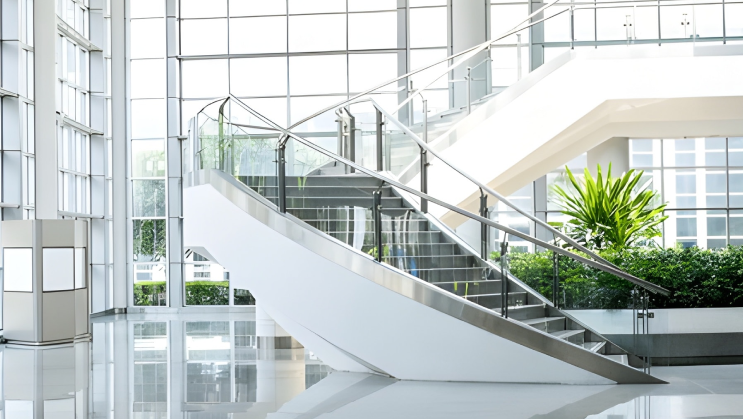 Glass and stainless steel railing on a bright atrium staircase