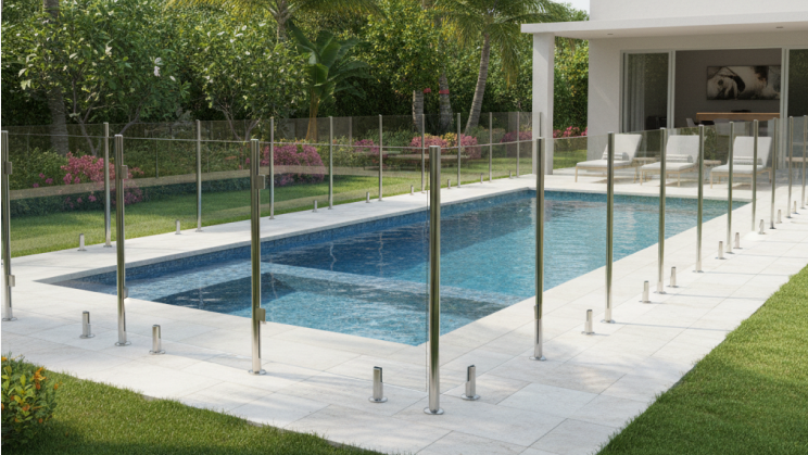 Glass pool enclosure with stainless steel posts
