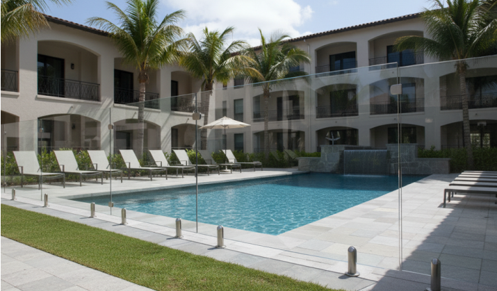 Frameless glass pool enclosure with spigots beside a resort pool