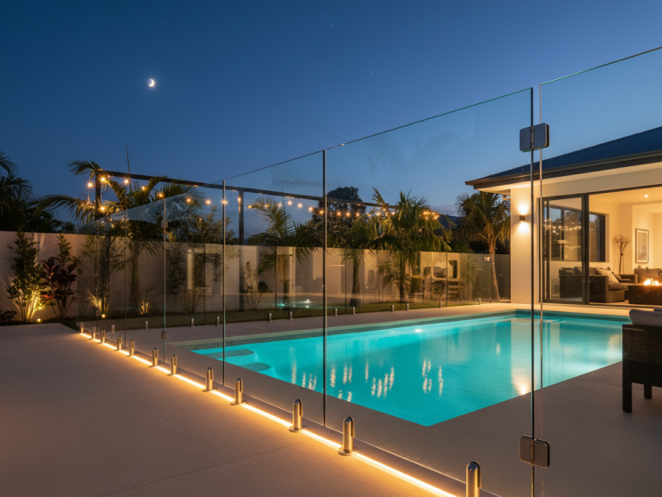 Frameless glass pool fencing lit at dusk