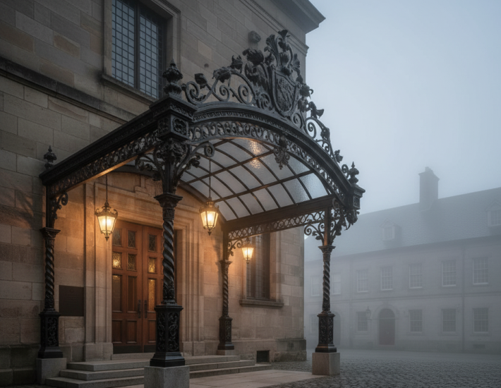Wrought iron entrance canopy over a lit doorway