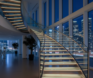 Lit glass staircase in a modern interior
