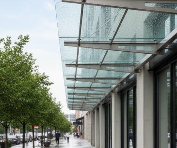 Glass walkway canopy along a building